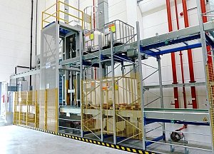 RBS-Paletten-Vertikalförderer mit zweietagiger Pufferlinie