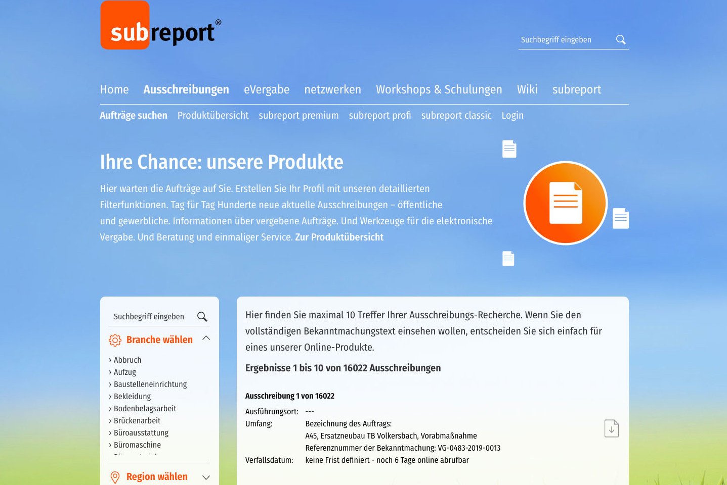 subreport online: Ausschreibungsrecherche mit zahlreichen Filterfunktionen