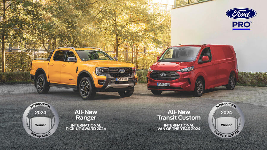 Doppelsieg für Ford Pro: Der neue Ford Ranger (li.) gewinnt den International Pick-up Award (IPUA) und der neue Ford Custom Transit wird zum International Van of the Year (IVOTY) gekürt. // Weiterer Text über ots und www.presseportal.de/nr/6955 / Die Verwendung dieses Bildes für redaktionelle Zwecke ist unter Beachtung aller mitgeteilten Nutzungsbedingungen zulässig und dann auch honorarfrei. Veröffentlichung ausschließlich mit Bildrechte-Hinweis. Quelle: Ford-Werke GmbH