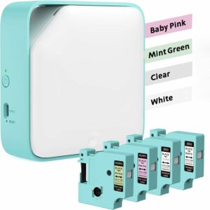 Vixic D1600 Etikettiergerät-Bluetooth, Mini Beschriftungsgerät Selbstklebend, Portabler LabelMaker, Thermo Etikettendrucker Kompatibel mit iOS und Android, für Zuhause, Büro Schule, Weiß-Grün