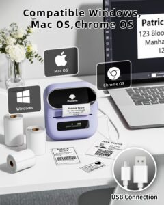 Phomemo Etikettendrucker, Bluetooth-Etikettendrucker für Barcode, Adresse, Haus, Mailing, Kleingewerbe, Kleidung, Lila tragbarer Etikettendrucker mit 3 Rollen Etiketten