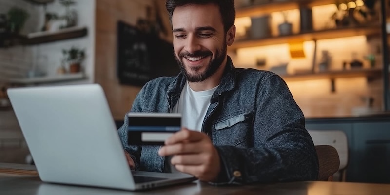 Mann bezahlt online am Laptop mit einer Barclays Visa Kreditkarte AB