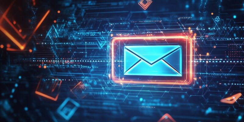 Leuchtendes E-Mail-Icon in einem virtuellen Datennetz – Symbol für sicheres und schnelles Email Hosting AB