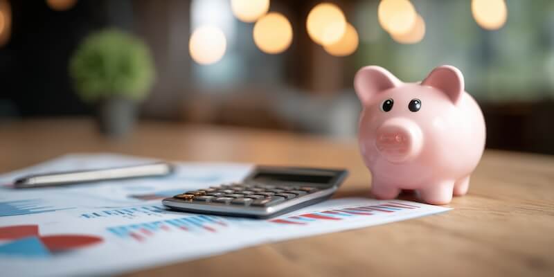 Symbolische Darstellung eines Kreditrechners mit Sparschwein, Taschenrechner und Finanzunterlagen AB