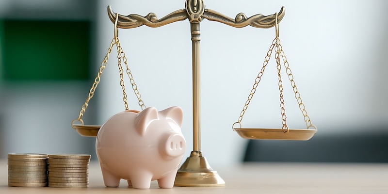 Symbolische Waage mit Sparschwein und Münzen als Darstellung für Kontoausgleich bei negativem Saldo AB