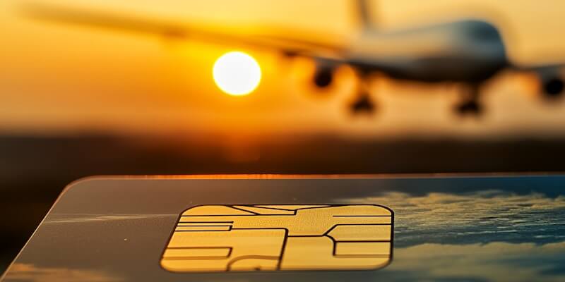 Nahaufnahme einer Kreditkarte mit Flugzeug im Hintergrund bei Sonnenuntergang – Symbol für American Express Reisen und exklusive Reisevorteile AB