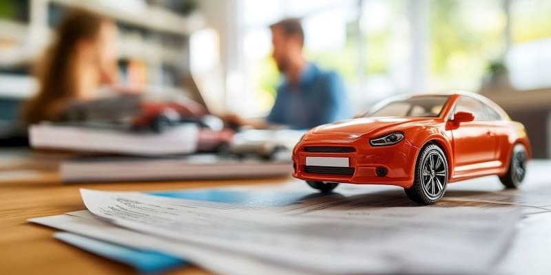 Symbolfoto für günstigste Autokredite – rotes Modellauto auf Kreditunterlagen im Beratungsgespräch AB