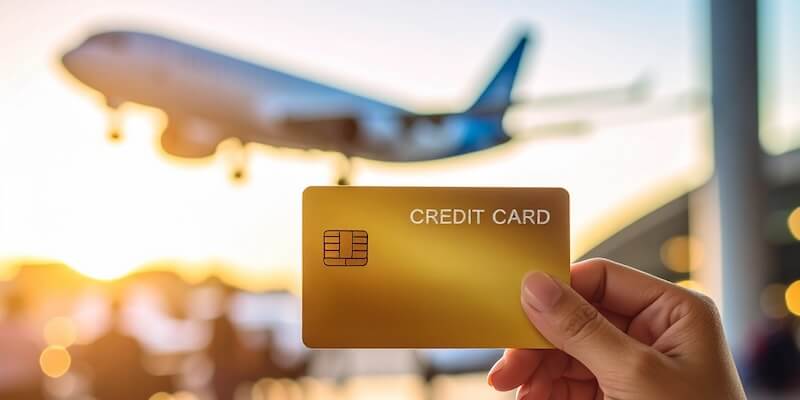Hand hält Kreditkarte und im Hintergrund ist ein Flieger zu sehen - Symbolbild für das Thema Miles & More Kreditkarten Alternativen AB